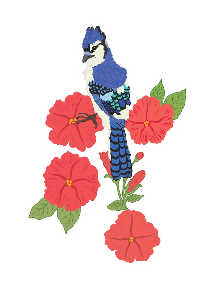 Cottagecore Bird and Flowers - Blue Jay with Red Petunias by DreamyDiversion