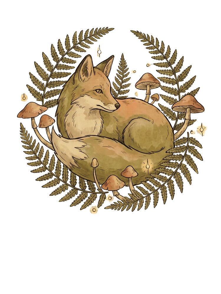 Cottagecore Fox in Ferns and Mushrooms — Woodland Nature Illustration by Ortsas