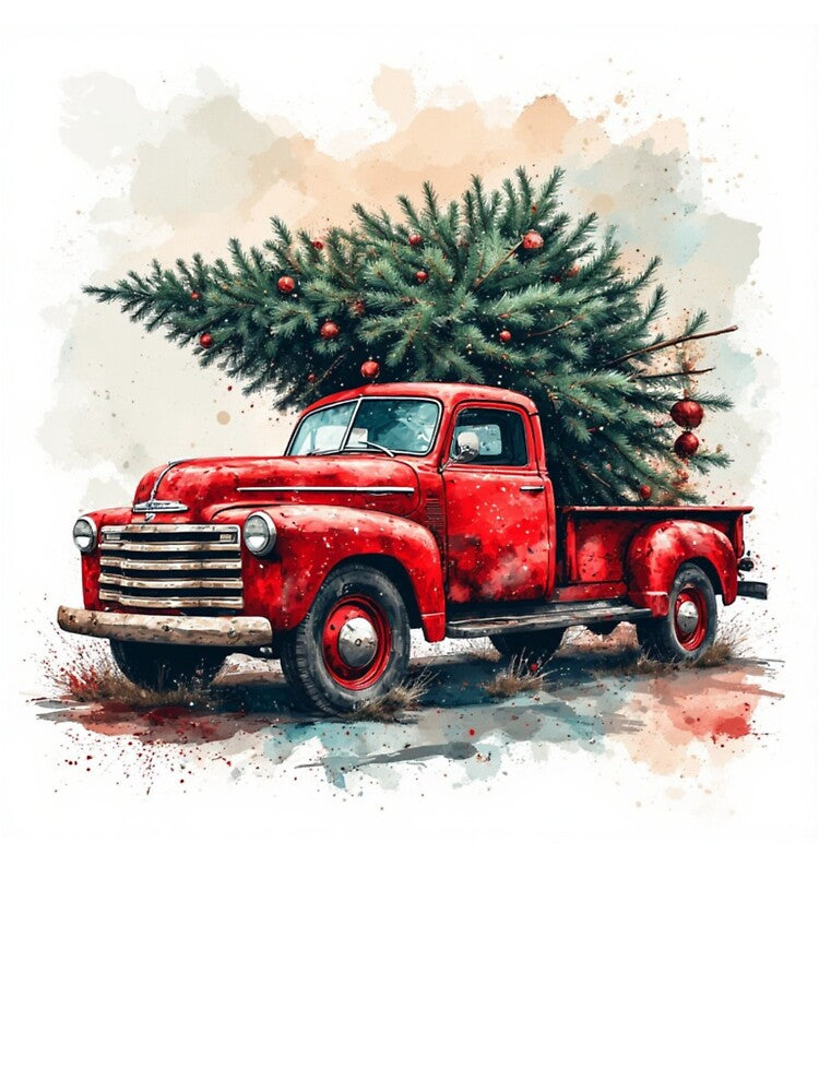 Vintage Christmas Truck Art – Red Pickup with Tree Watercolor Holiday Illustration by infocart