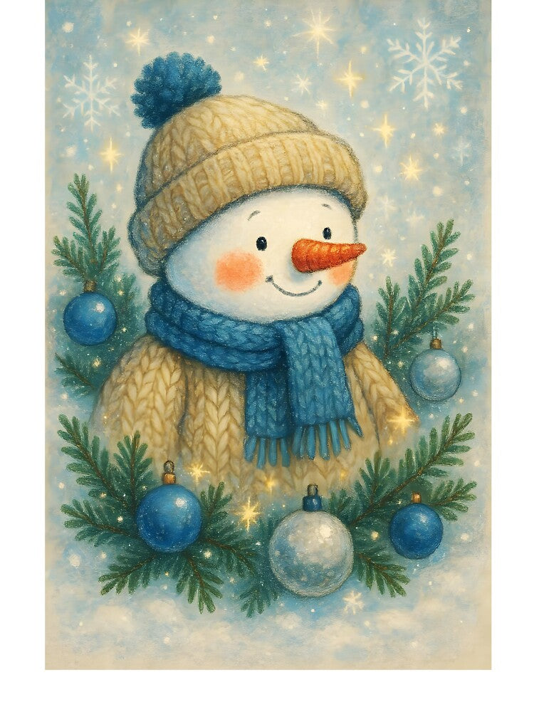 Aesthetic Snowman Portrait in Beige Blue – Knitted Winter Outfit by EmeraldeaDesign