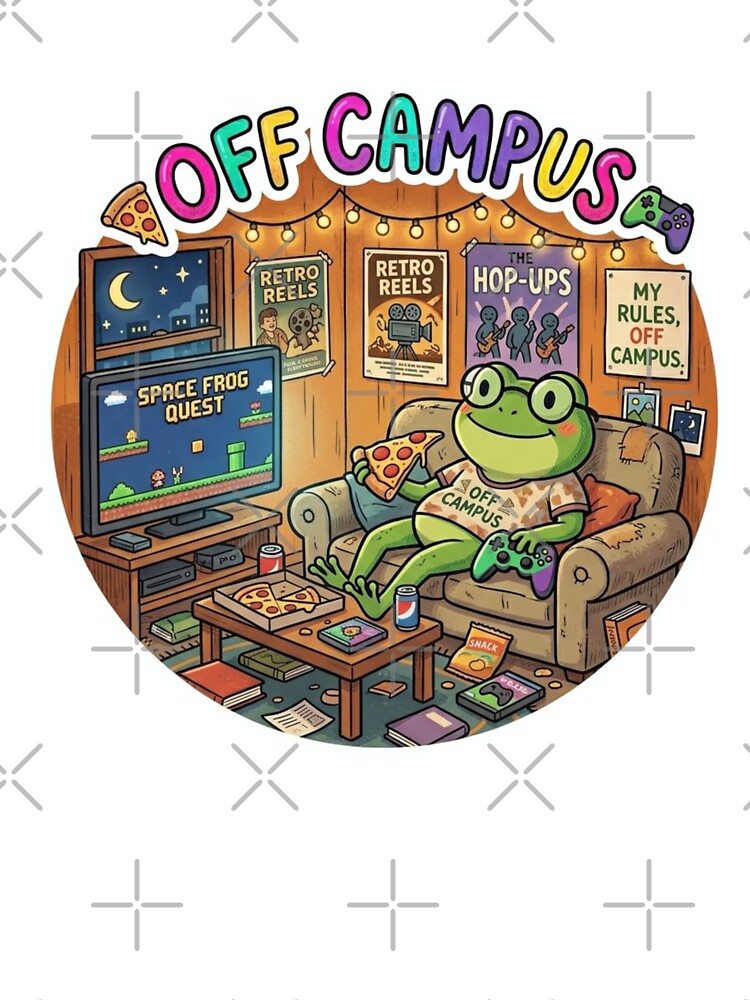 OFF CAMPUS Couch Frog – Cozy Student Apartment Cartoon Art by ArtsyExplorer