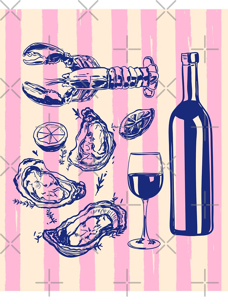 Seafood & Wine – Retro Pink Stripes Illustration by MaiZephyr