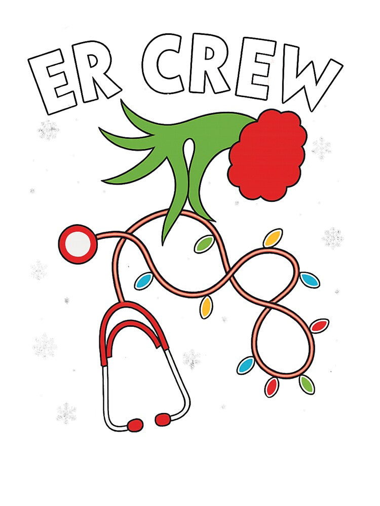 ER Crew Christmas Nurse – Grinch Hand Stethoscope Lights Design, Funny ER Staff Holiday Medical Artwork by JoyBoyStudio1