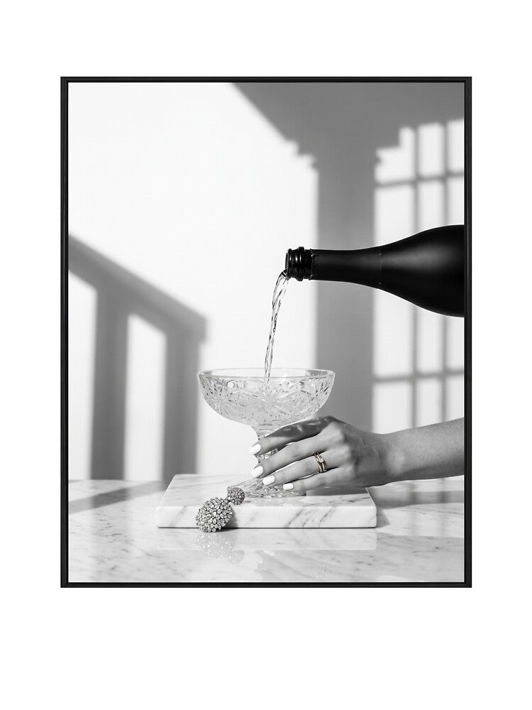 Vogue Editorial Champagne Pour – Luxury Minimalist Black and White Art by marianka91