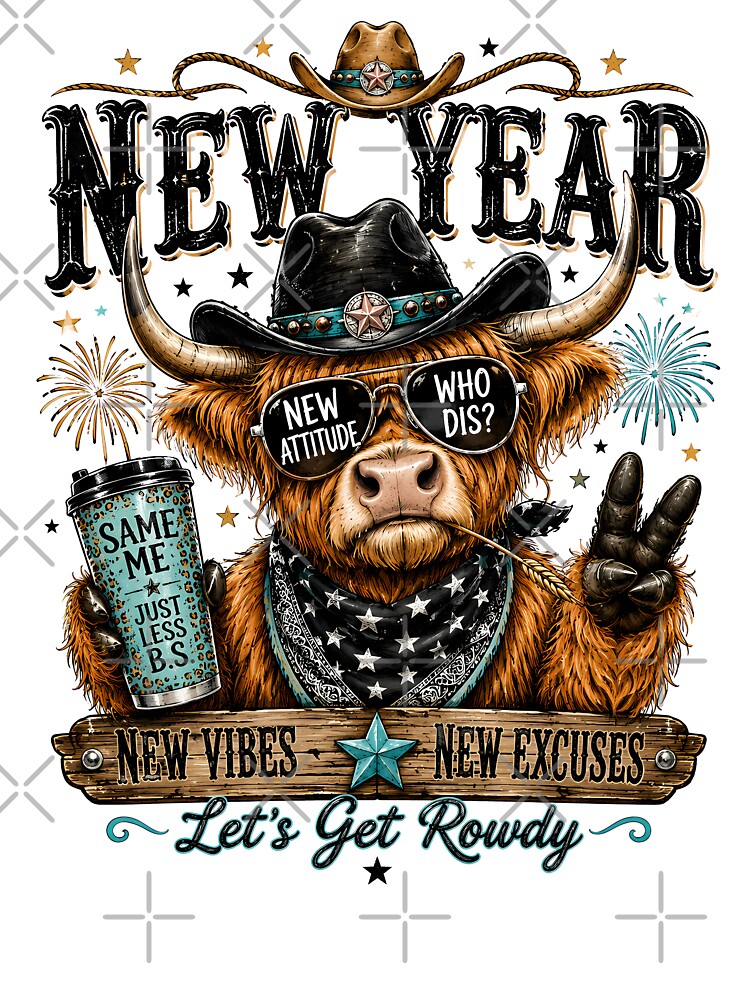 Funny New Year Highland Cow Cowboy Western Country Fireworks by madebymayberry