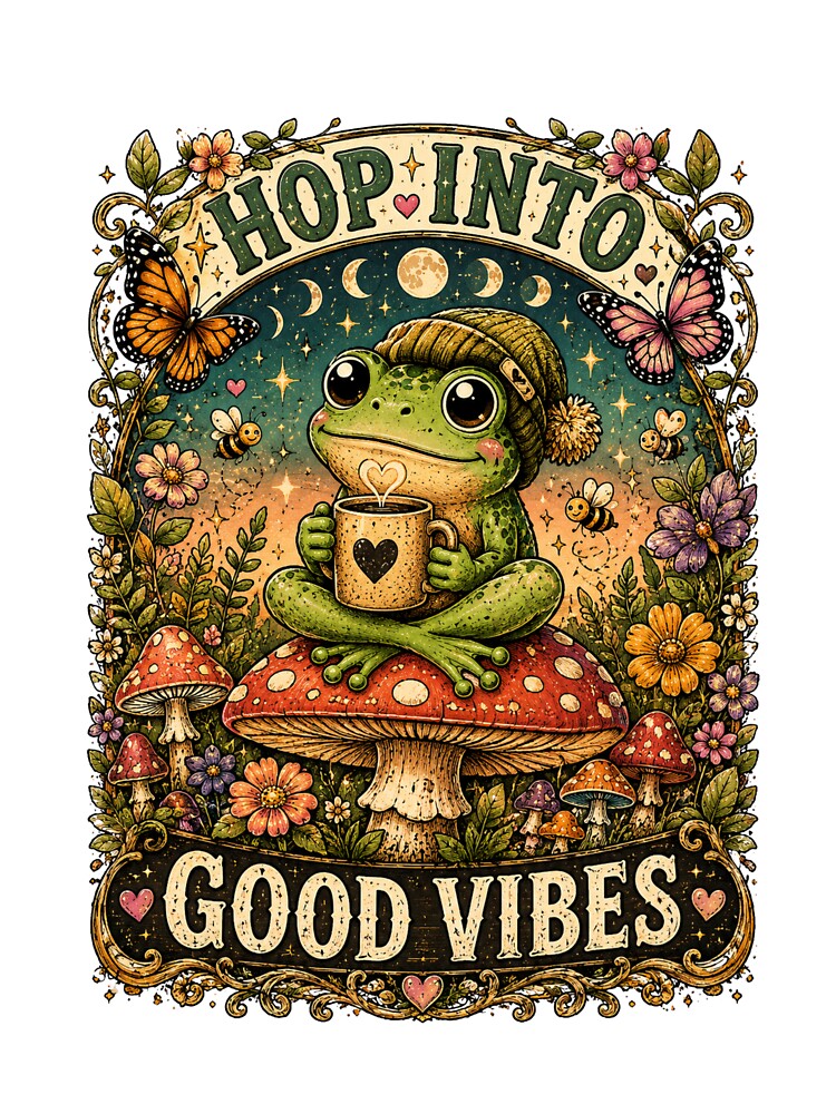 Hop Into Good Vibes Cute Frog with Coffee Cottagecore Vintage Nature T-Shirt Design by MMK1SHOP