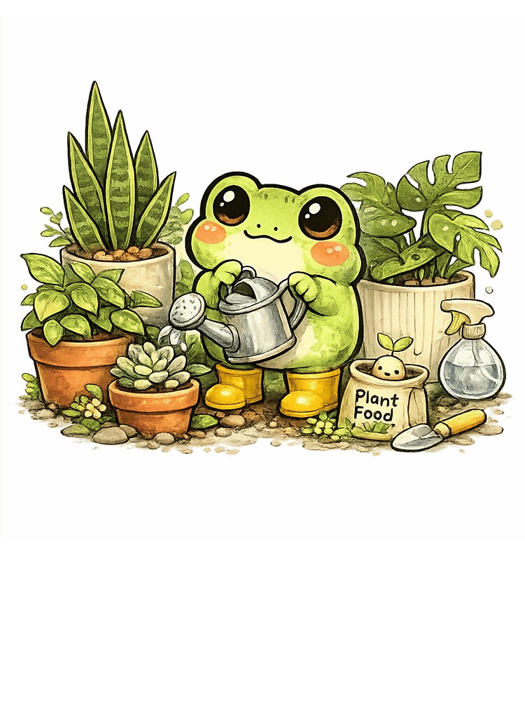 Cute Frog Watering Garden – Whimsical Fantasy Frog Plant Lover Sticker by Ortegan90