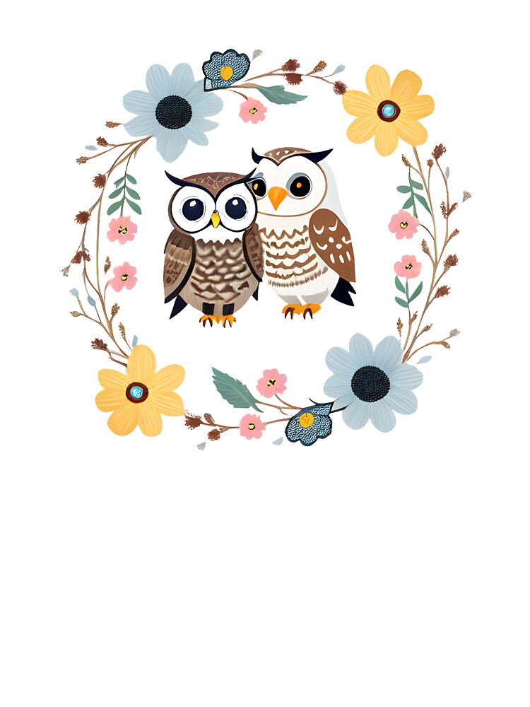 Owls Surrounded by a Wreath of Flowers by hyggefolkart