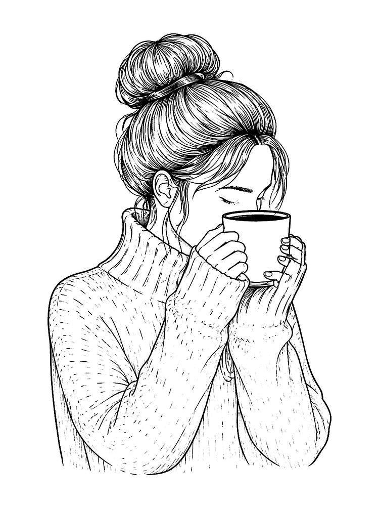 Cozy Coffee Girl – Line Art Illustration by KALIMOOO