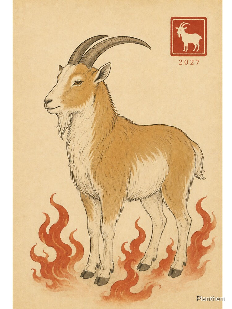 Year of the Goat 2027 – Fire Goat, Vintage Japanese Woodblock Style  Winter in Edo No. 6 by Planthem
