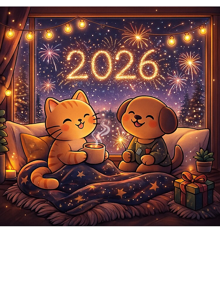 Fireworks Window View – Cute Cat and Dog New Year 2026 Cozy Cartoon Design by StyleLap