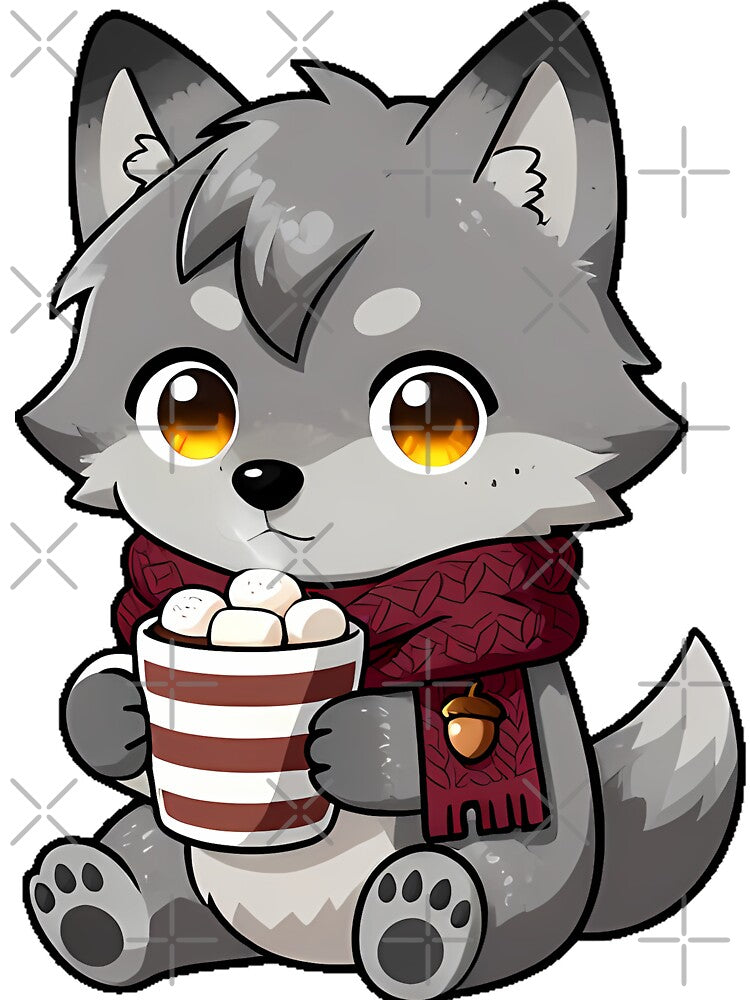 Cozy Wolf Pup with Marshmallow Cocoa and Scarf by pumsquare