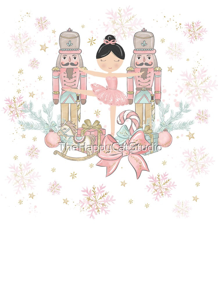 Whimsical The Nutcracker Ballet Pink Christmas Black Haired Ballerina by TheHappyCatStudio