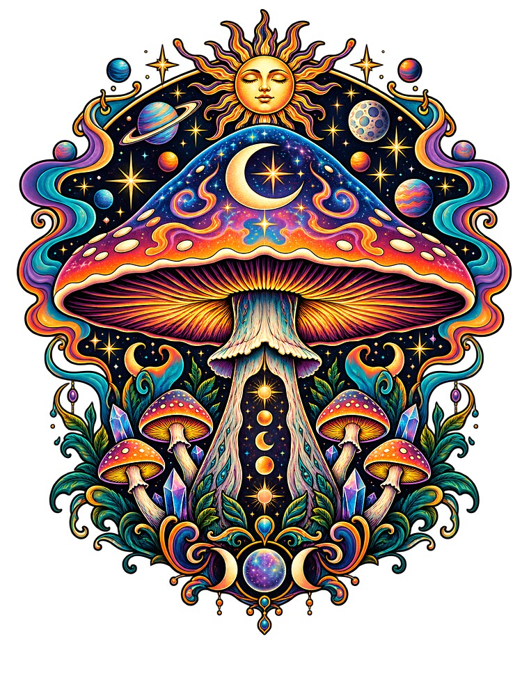 Cosmic Mushroom – Psychedelic Celestial Moon and Space Art by Origamoart