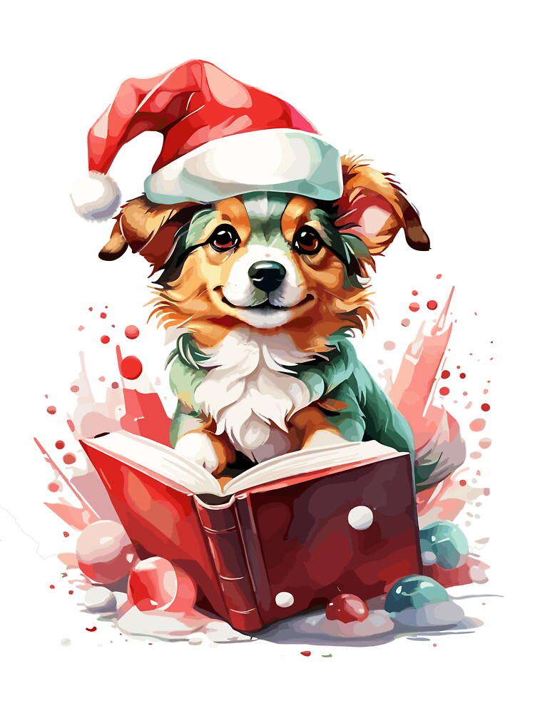 Dog in Christmas Hat with Book - A Perfect Gift for Dog Lovers by cutie1pie1dogs