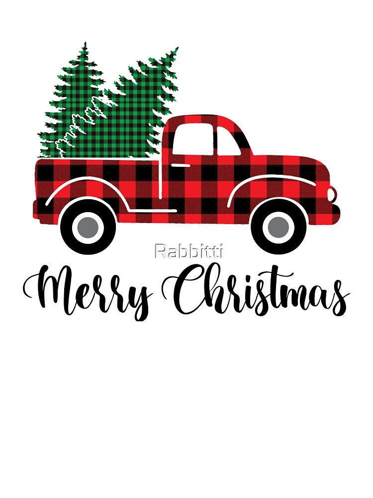 Merry Christmas Red Buffalo Plaid Truck Green Plaid Xmas Trees by Rabbitti
