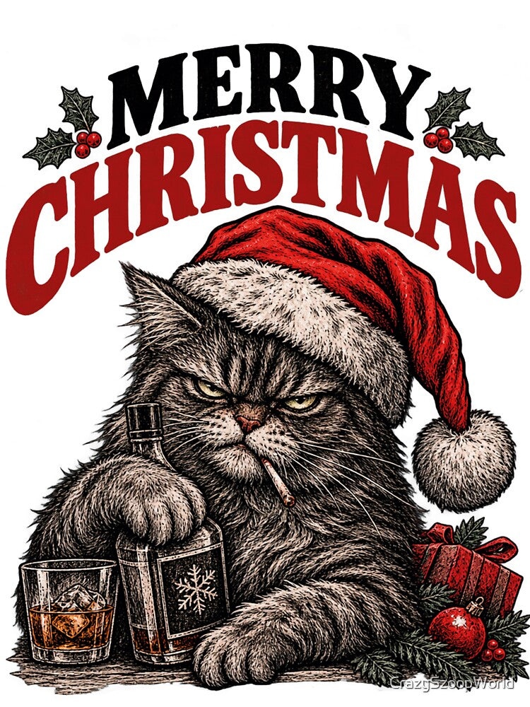 Grumpy Black Cat Merry Christmas Whiskey Santa by CrazySzoopWorld