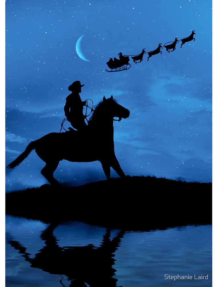 Country Western Cowboy and Horse with Santa and Sleigh Christmas Eve Night by Stephanie Laird