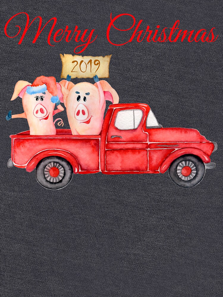 Red Pickup Truck and Xmas Piglets 2019 - Funny Christmas Pigs 2019 by Maryna Denysenko