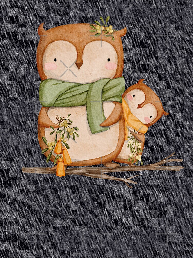 Adorable cute watercolor owls with mistletoe and bells. by Anya Illustration Studio