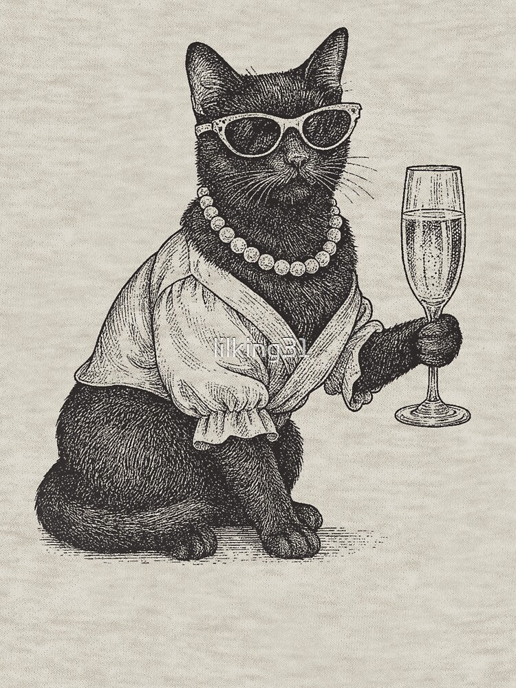 Fancy Black Cat with Champagne – Stylish Vintage Drawing by lilking31