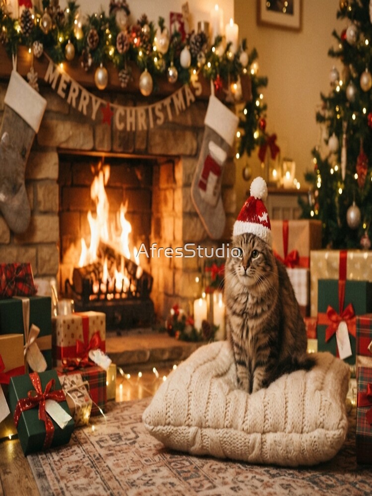 Cute Christmas Cat Wearing Santa Hat Fireplace Holiday Art by AfresStudio