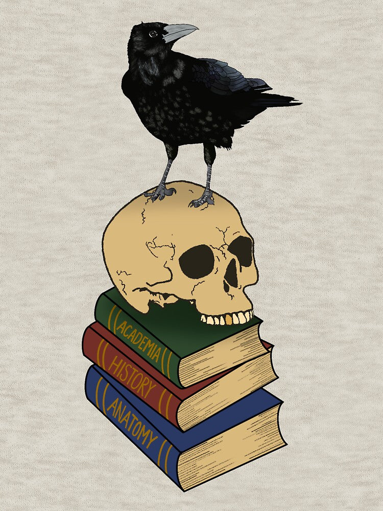 Dark Academia Crow on Skull on Stack of Books by easears