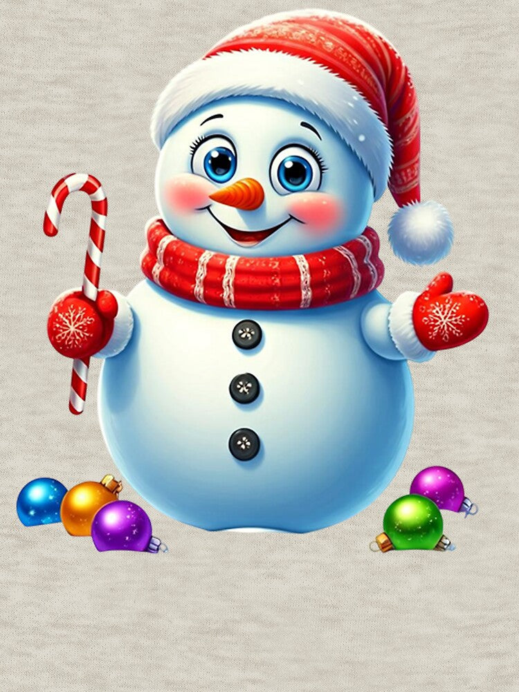 Cute Smiling Snowman with Candy Cane and Santa Hat – Festive Winter Holiday Cartoon Art by PixelVibe782