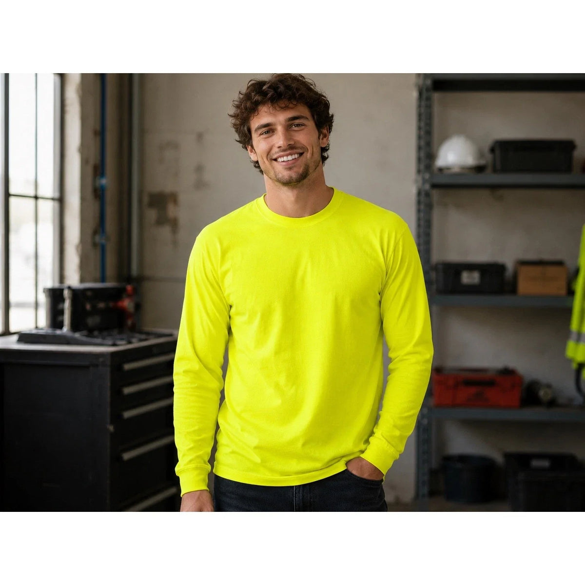 Royal Avalon Home Long Sleeve Mens L Neon Safety Green Cotton Crewneck Unisex