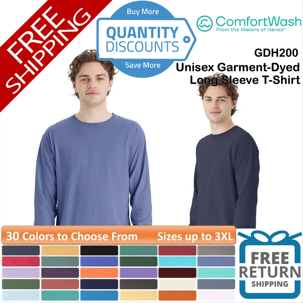 🔥 ComfortWash by Hanes Unisex Garment-Dyed Long Sleeve Up To 3XL GDH200 Unisex
