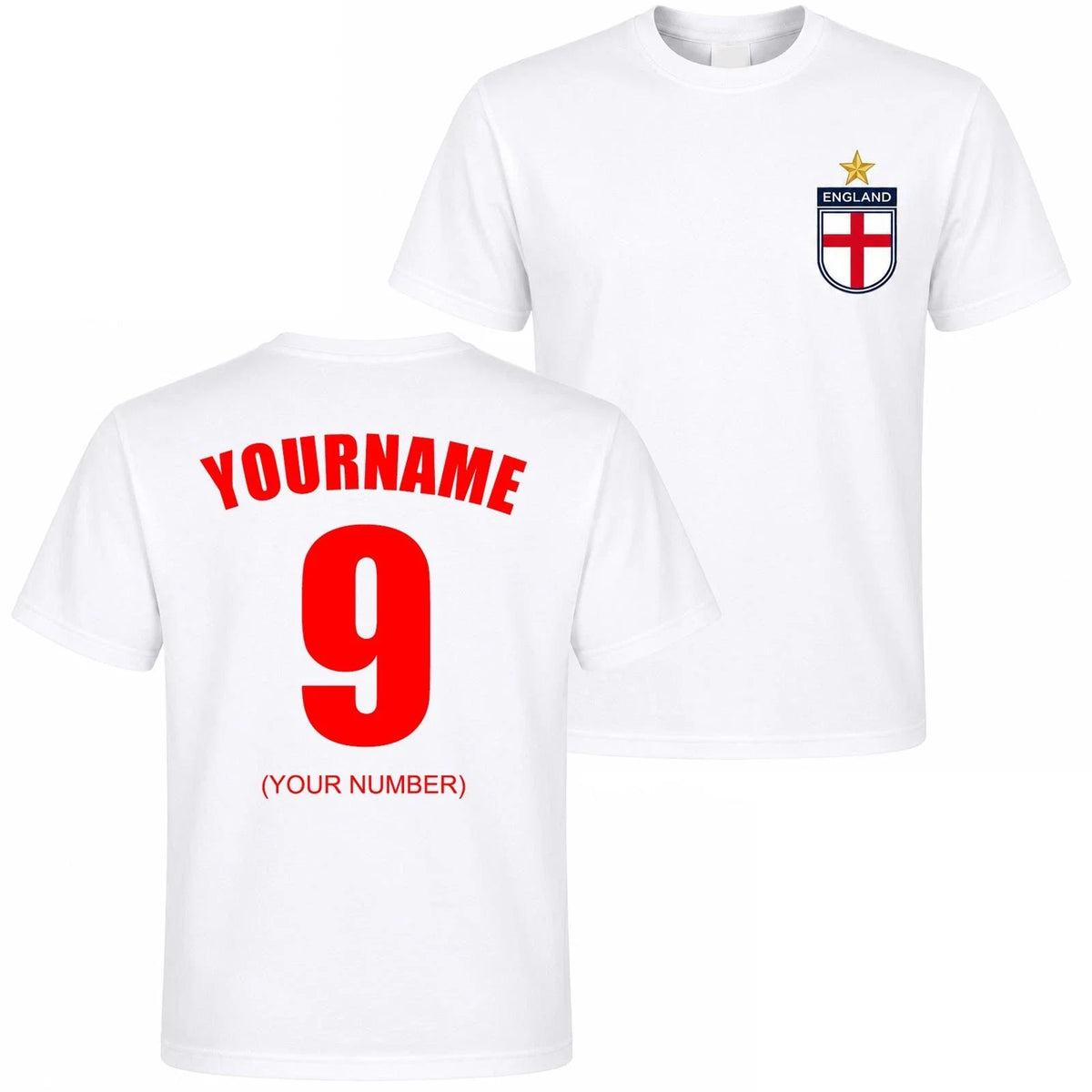 Personalised England Football T Shirt Custom Name & Number Mens Kids Tee Unisex