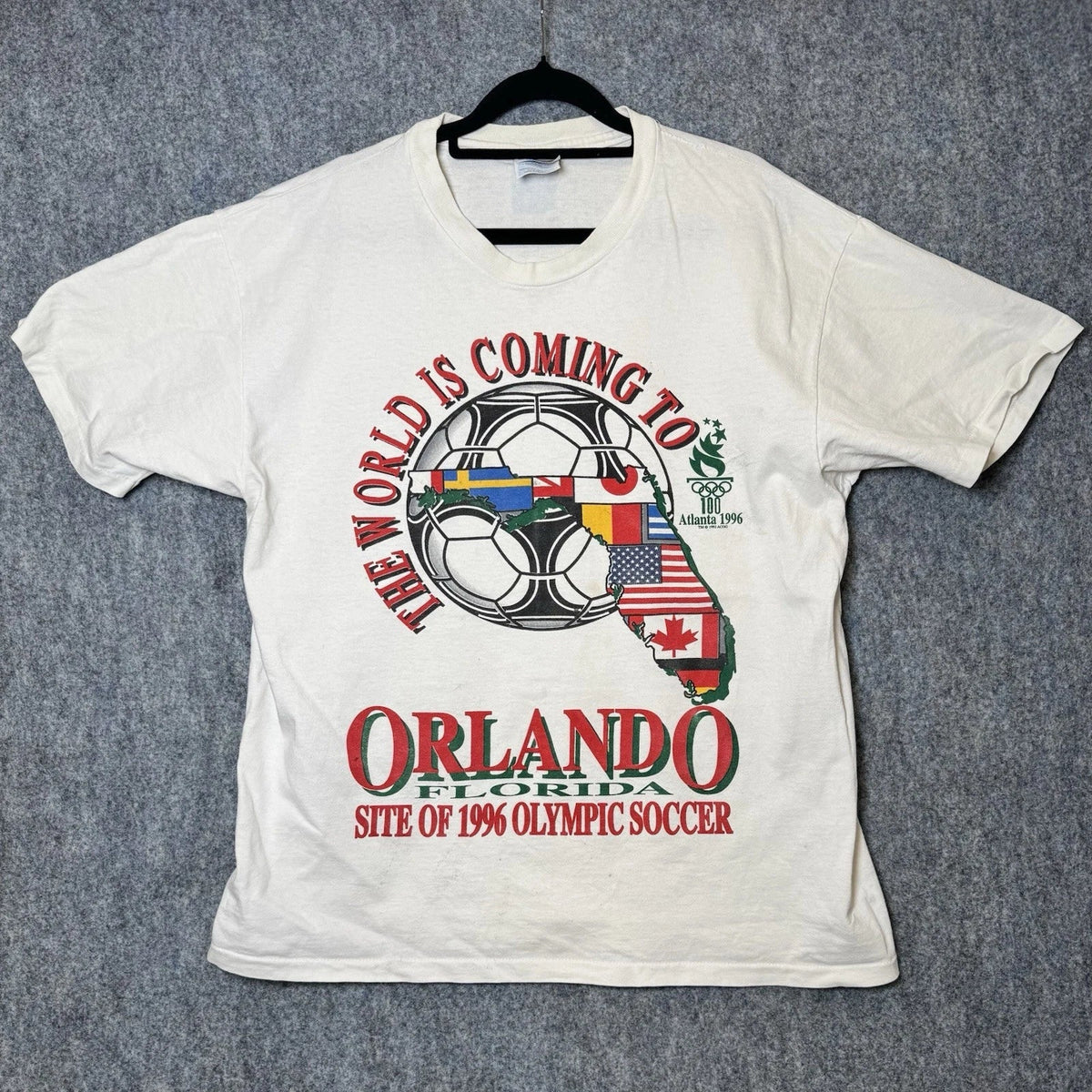 Hanes Vintage Olympics Mens Large Atlanta 1996 White Soccer Graphic Rare Unisex