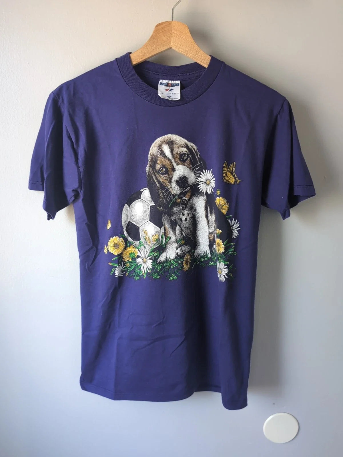 Vintage 90s Cute Puppy Soccer Dog Flowers Shirt Size S Unisex