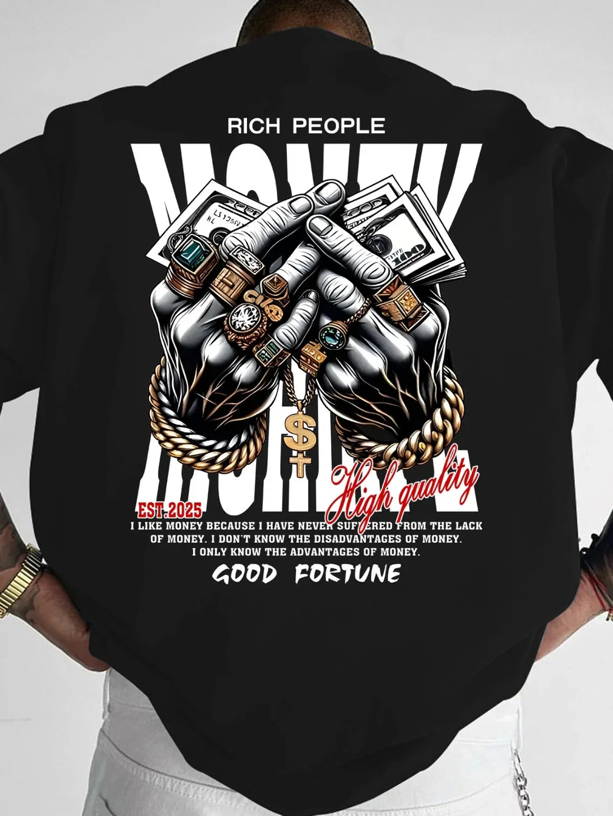 Men's Rich Hands & Dollar Print Streetwear Crew Neck Short Sleeve Unisex