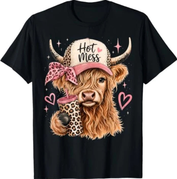 Hot Mess Leopard Highland Cow Funny Coffee Lover Graphic T-Shirt
