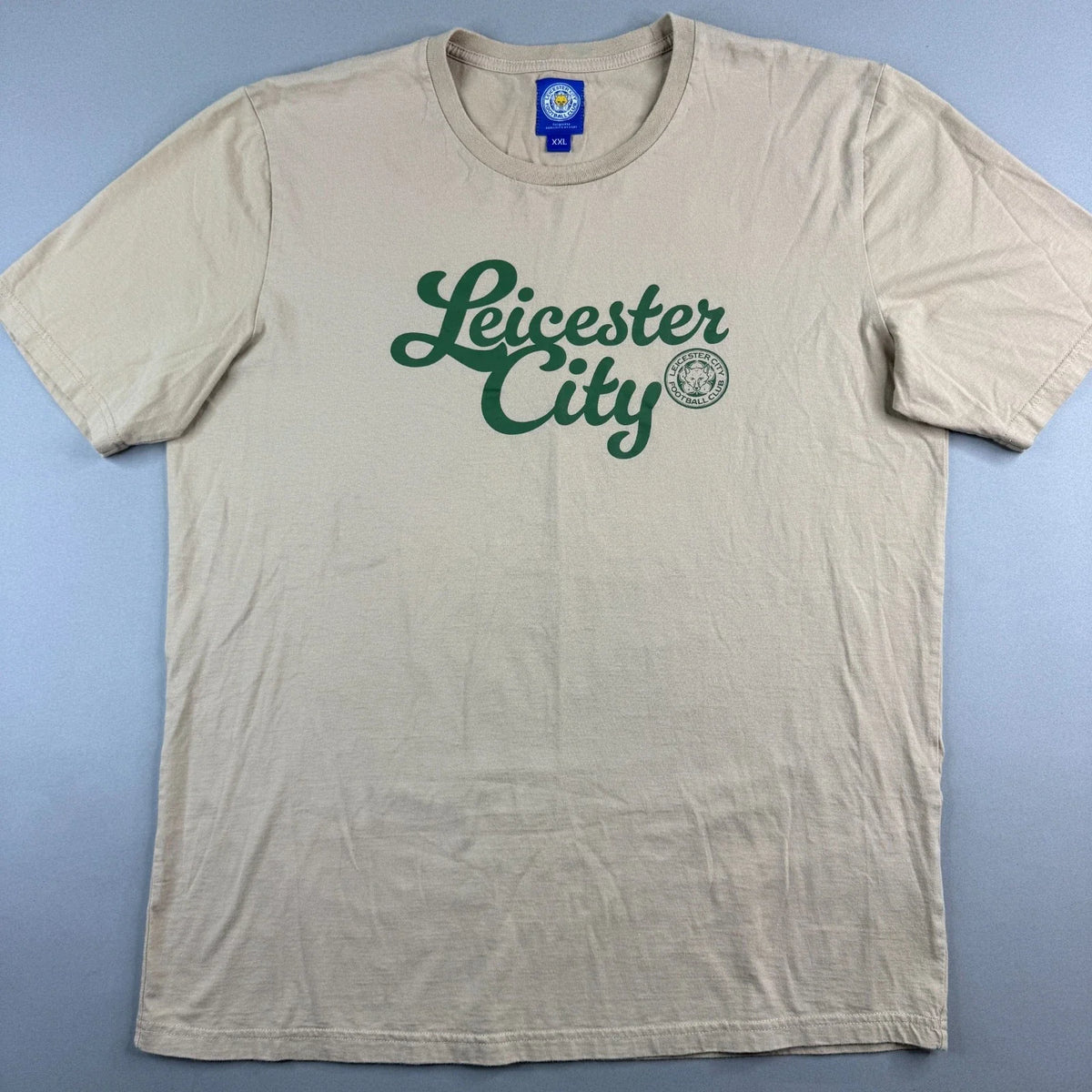 Leicester City Football Club Mens XXL T Shirt Tan Green Script Soccer Fan Unisex