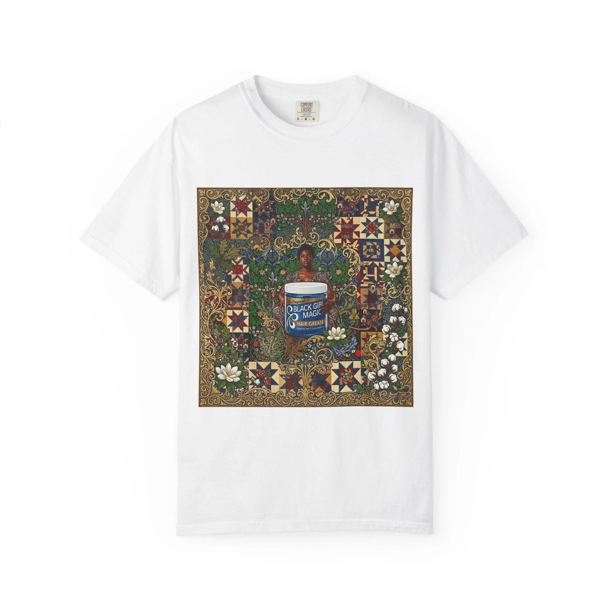 Quilted Garden with Baby & Paint Can T-Shirt | Floral Patchwork Art