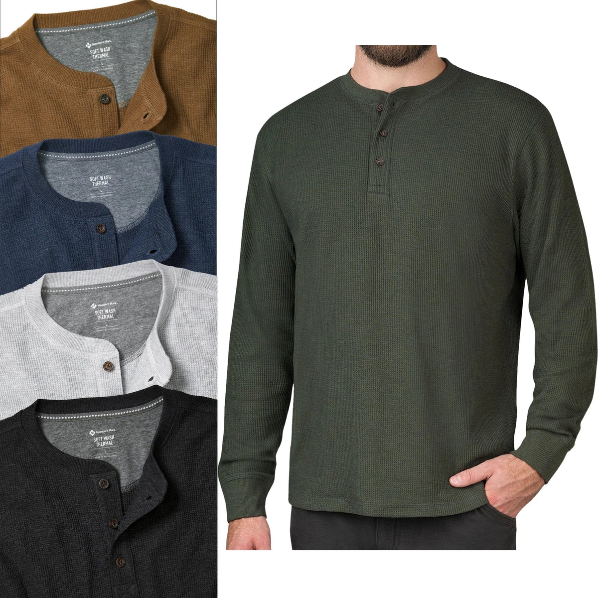 Mens Thermal Henley Long Sleeve Grandad Cuff Tee Warm Waffle Knit Winter Unisex