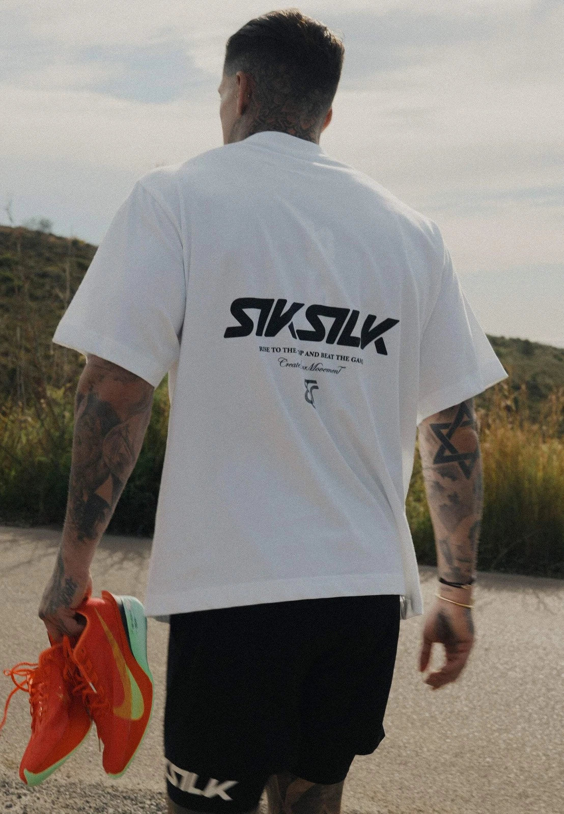 SikSilk Men's Oversized Fit Drop Shoulder Crew Neck Graphic Tee White Unisex