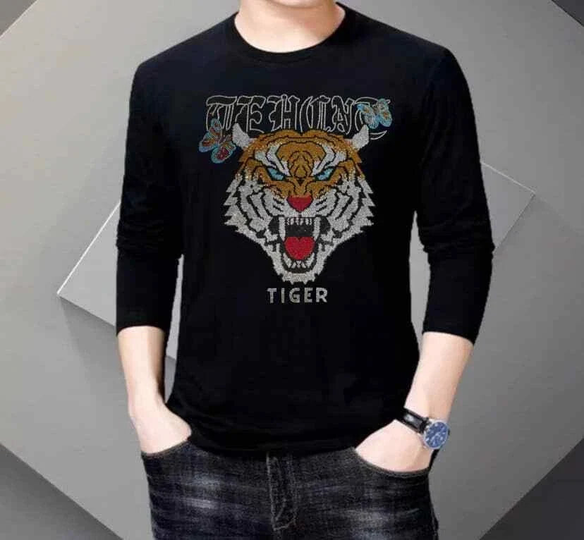 New Men Luxury Diamond Tiger Rhinestones Fashion Black Long High Quality Unisex