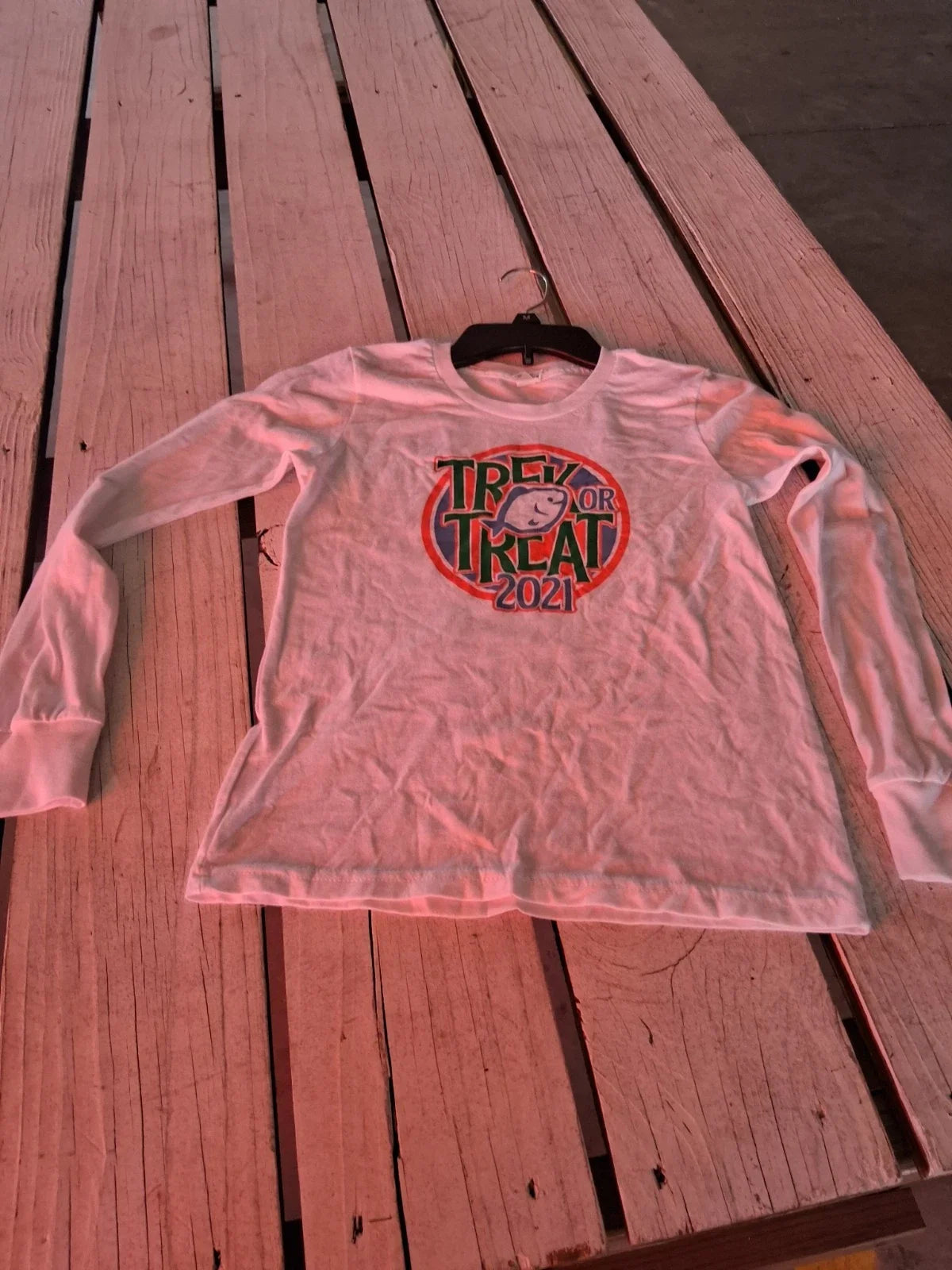 This white long-sleeve features a custom graphic for "Trex or Treat... Unisex