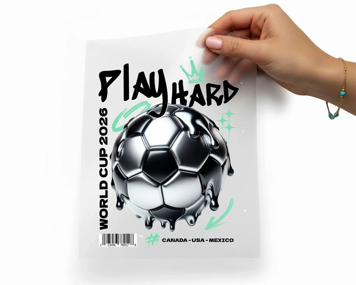 Play Hard Football Cup Iron On Transfers Canada USA Mexico World Soccer Fan DTF Unisex