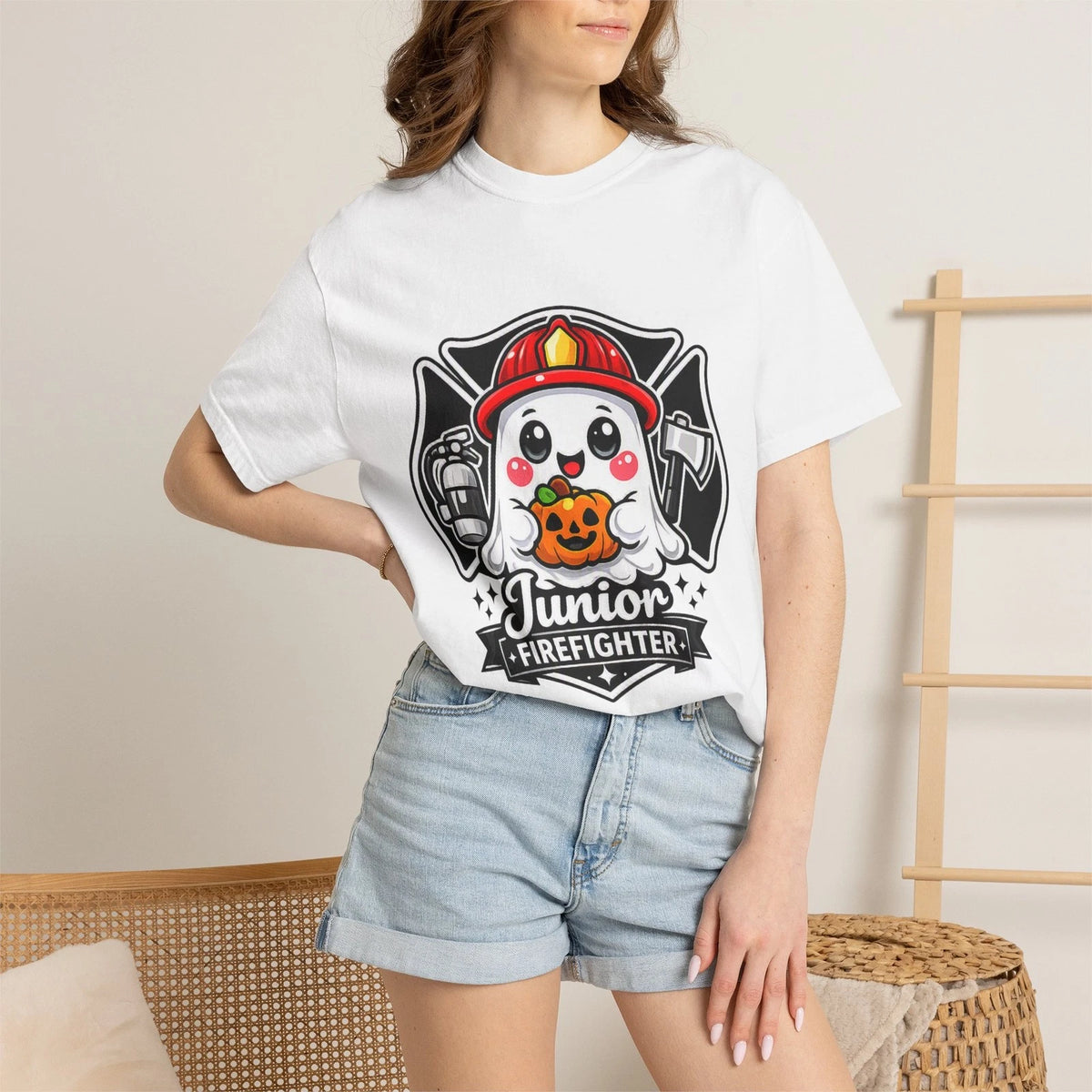 Cute Junior Firefighter Ghost T-Shirt | Halloween Pumpkin Helmet