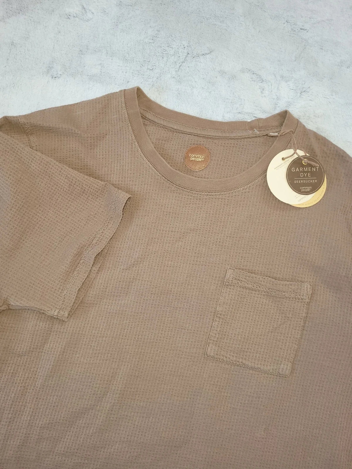 Common People Mens XL Seersucker GD Tee Brown Pocket Tshirt Cotton Minimalist Unisex