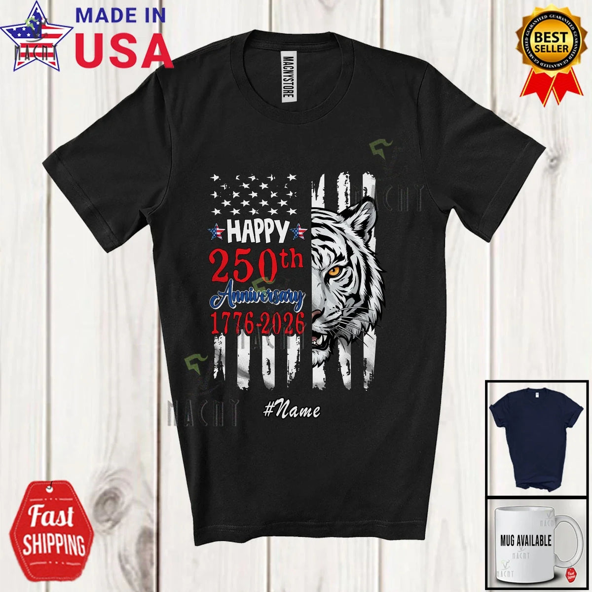 Custom Name 250th Anniversary; 4th Of July Tiger Half US Flag Patriotic Unisex