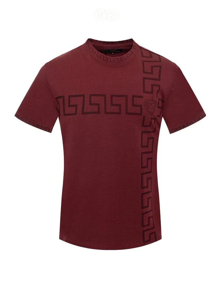 Men's Italian fashion Burgundy Short Sleeves Crew Neck Medusa Greek Key Unisex