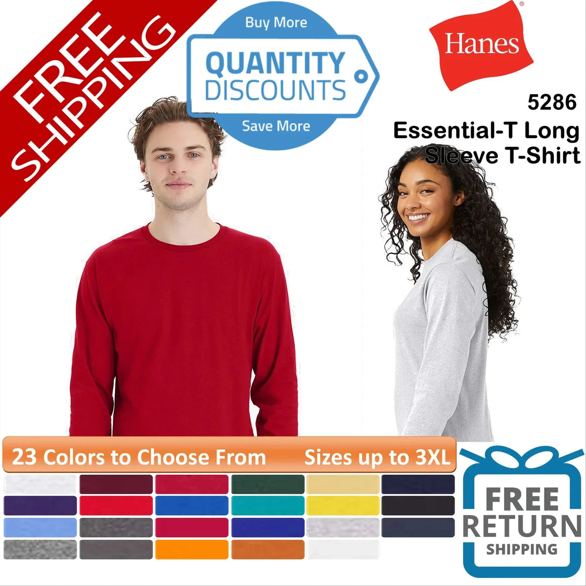 🔥 Hanes Essential-T Long Sleeve Cotton & Blends Up To 3XL 5286 Unisex