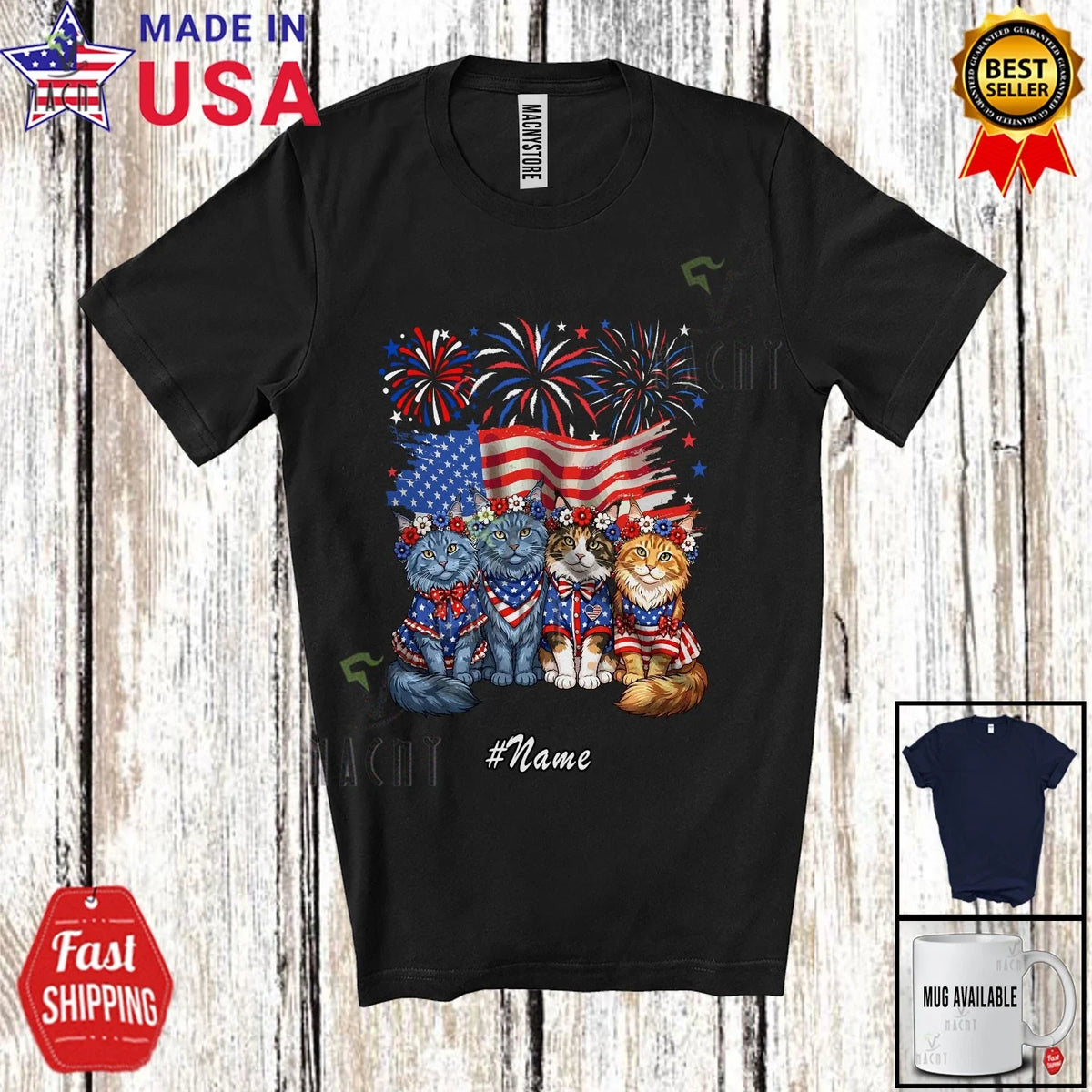 Custom Name Four Maine Coon Cat Floral; 4th Of July US Flag Patriotic Unisex