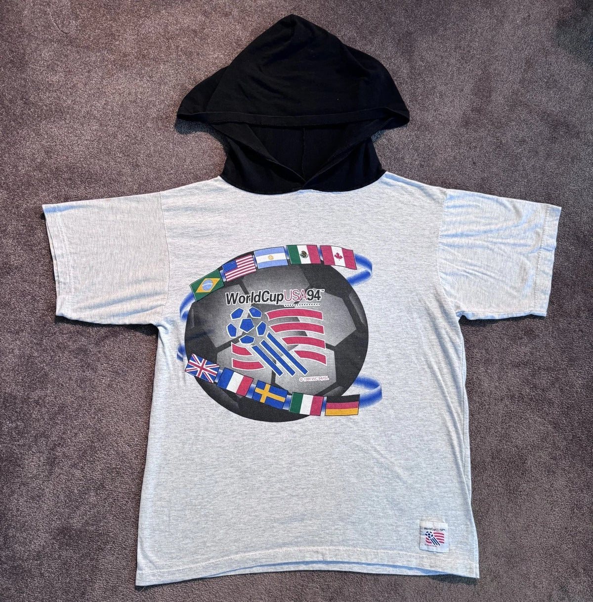 VTG World Cup USA 94 Hooded Sz M Gray The Game 1991 Flags Soccer Unisex