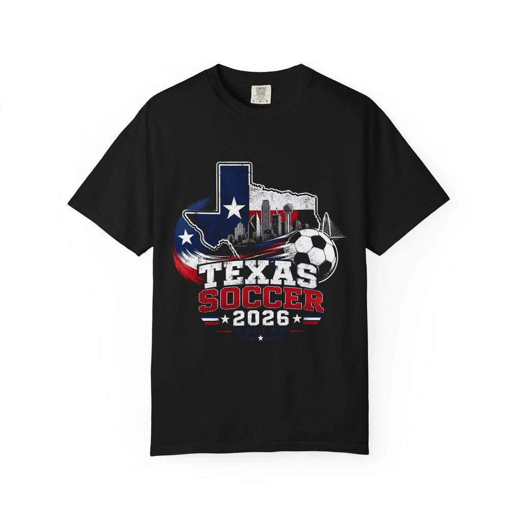 Texas Soccer 2026 | Texas Map Flag Soccer Ball Match Day Gift Tee Unisex